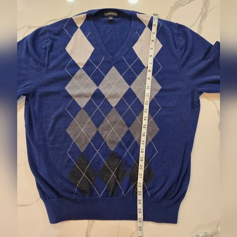Banana Republic Silk Cotton Cashmere V-Neck Argyle Sweater Mens XL Blue Black